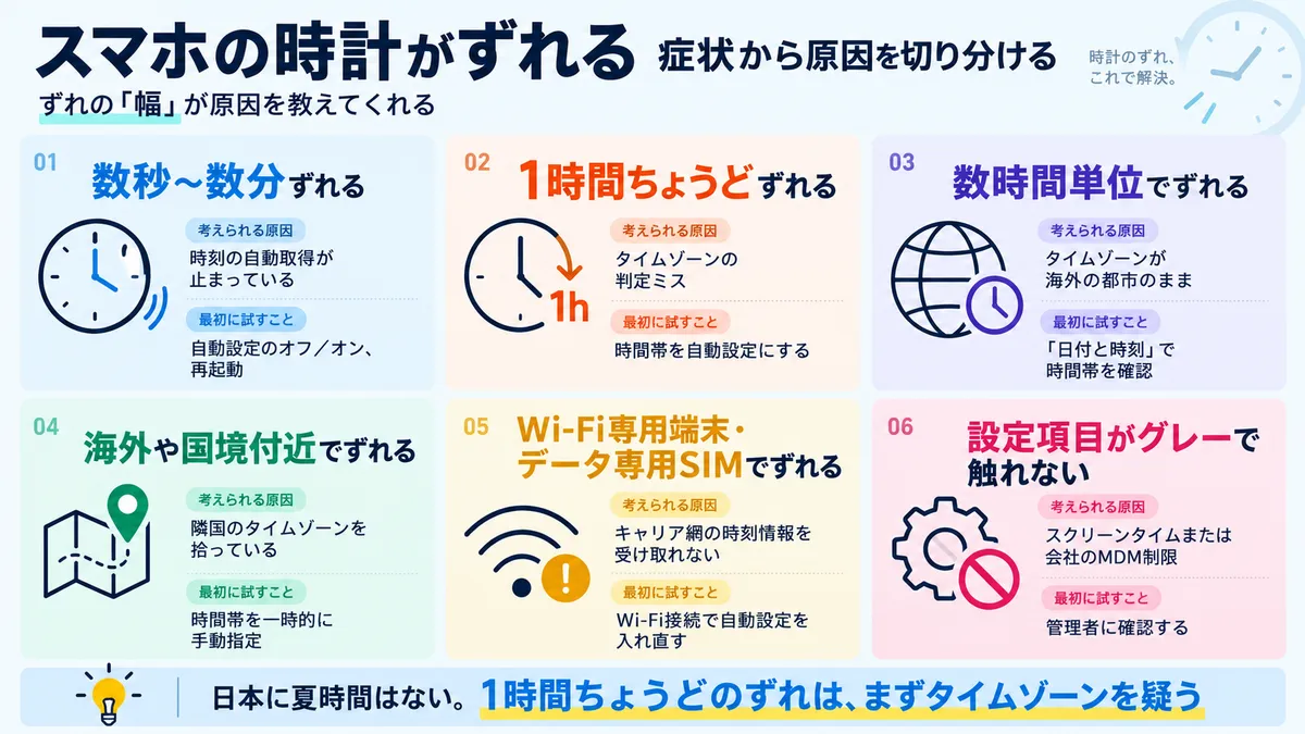 スマホの時計がずれる症状から原因を切り分ける図解。数秒〜数分のずれは時刻の自動取得が止まっている、1時間ちょうどはタイムゾーンの判定ミス、数時間単位はタイムゾーンが海外の都市のまま、海外や国境付近は隣国のタイムゾーンを拾っている、Wi-Fi専用端末はキャリア網の時刻情報を受け取れない、設定がグレーはスクリーンタイムか会社のMDM制限。日本に夏時間はないため1時間ちょうどのずれはまずタイムゾーンを疑う。